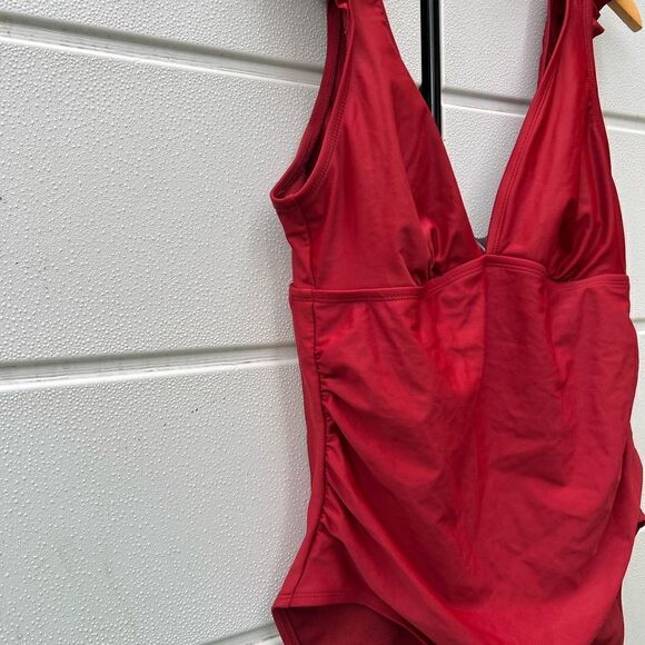 Kona Sol Maroon Ruffle One Piece Swimsuit XLarge High Coverage V-Neck - Picture 5 of 7